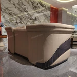 Modern Luxury Curved Sofa with High-Gloss Natural Wood Veneer, Precision Vertical Stitching Craftsmanship & Ergonomic Wrap-Around Design